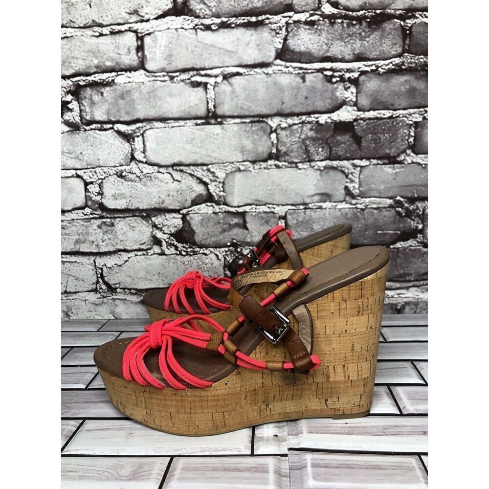 Coach Georgina Pink Leather Brown Cork Wedge Strap Sandals Women Sz 8.5B US/39EU